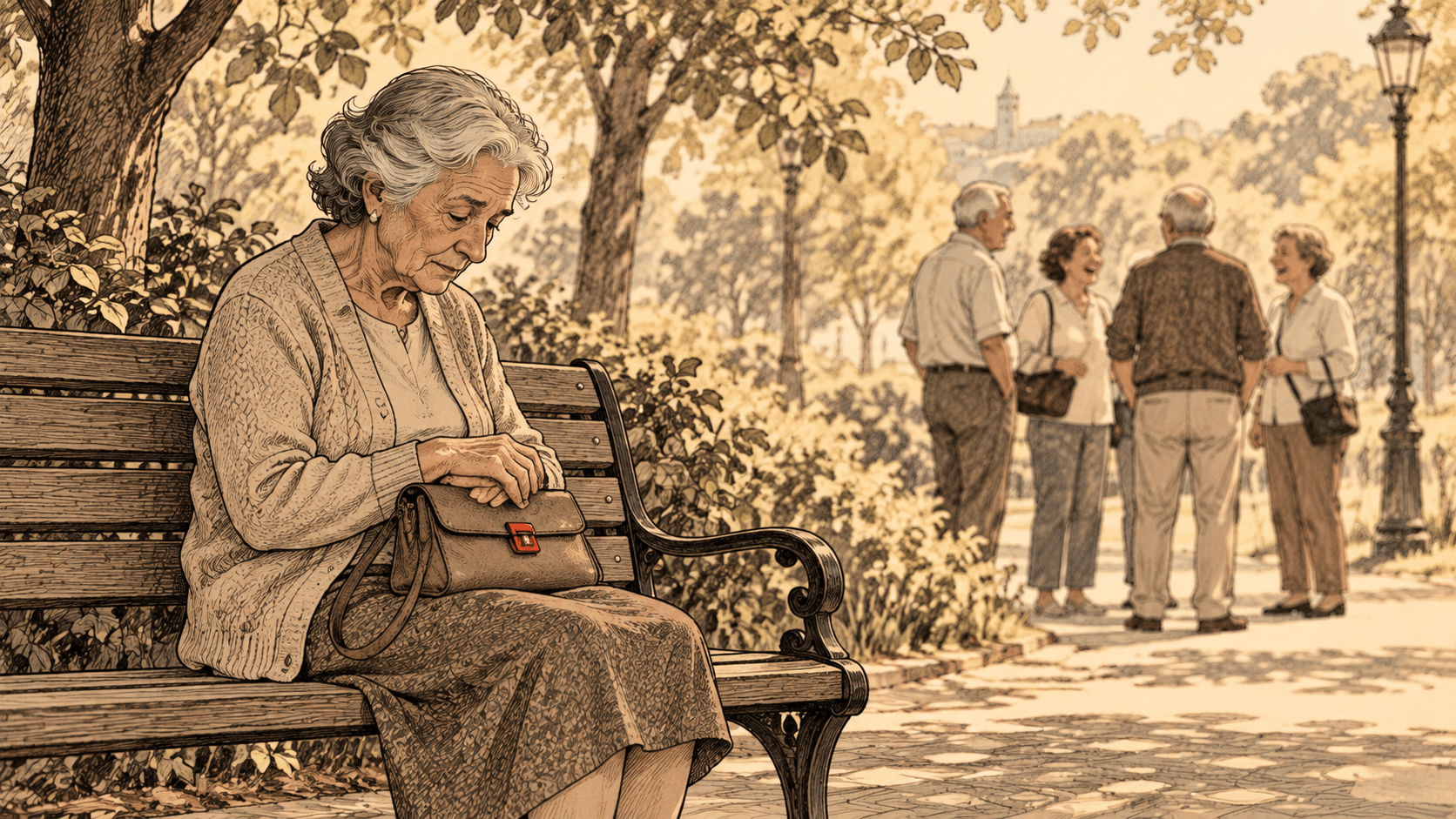 Idosa sentada sozinha em um banco de praça, com as mãos sobre a bolsa no colo e o olhar baixo, enquanto ao fundo um grupo de pessoas conversa e ri.