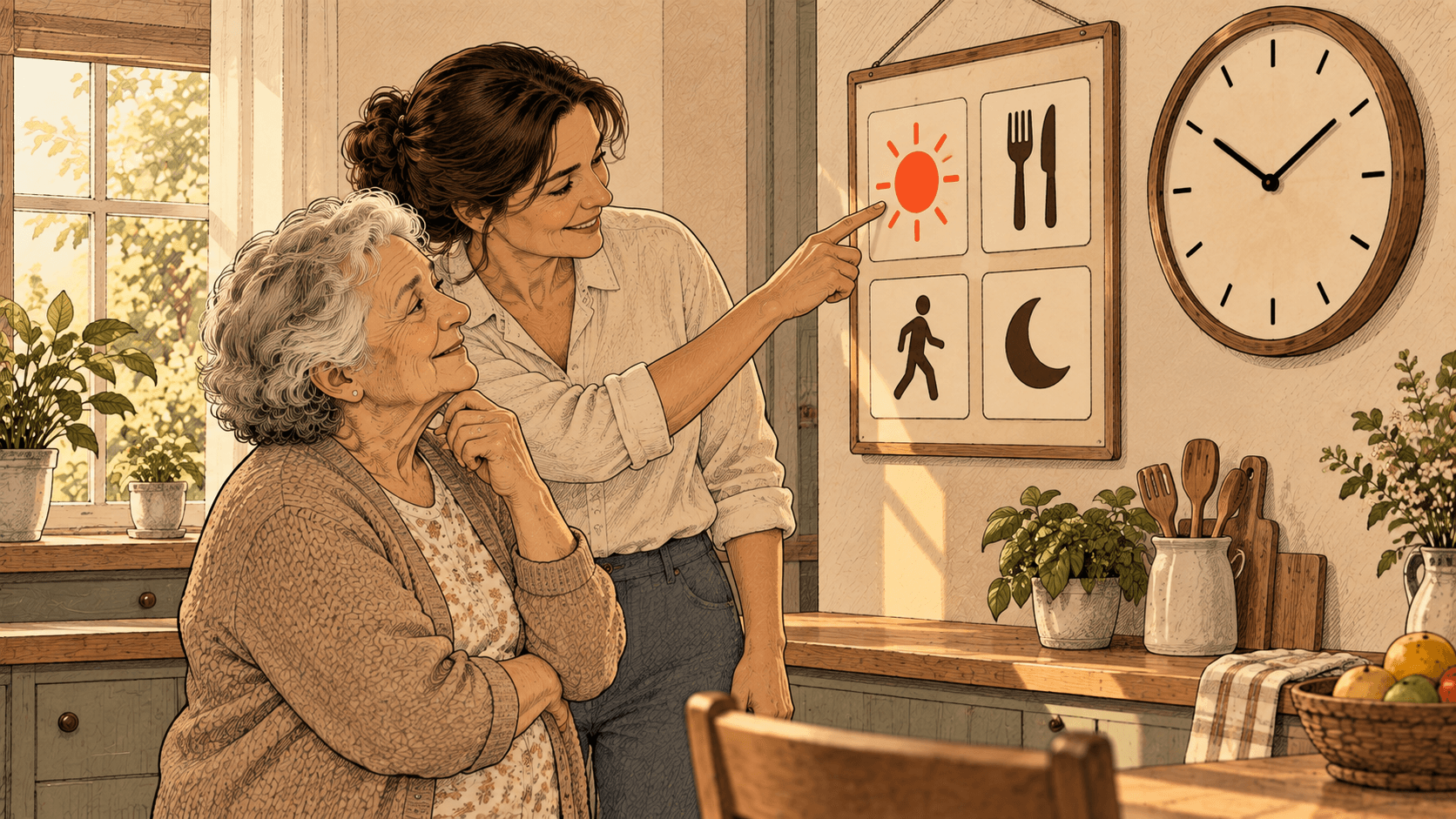 Filha apontando para um quadro do dia com quatro pictogramas (sol, talheres, pessoa caminhando e lua) enquanto a mãe observa, ao lado de um relógio grande de parede.
