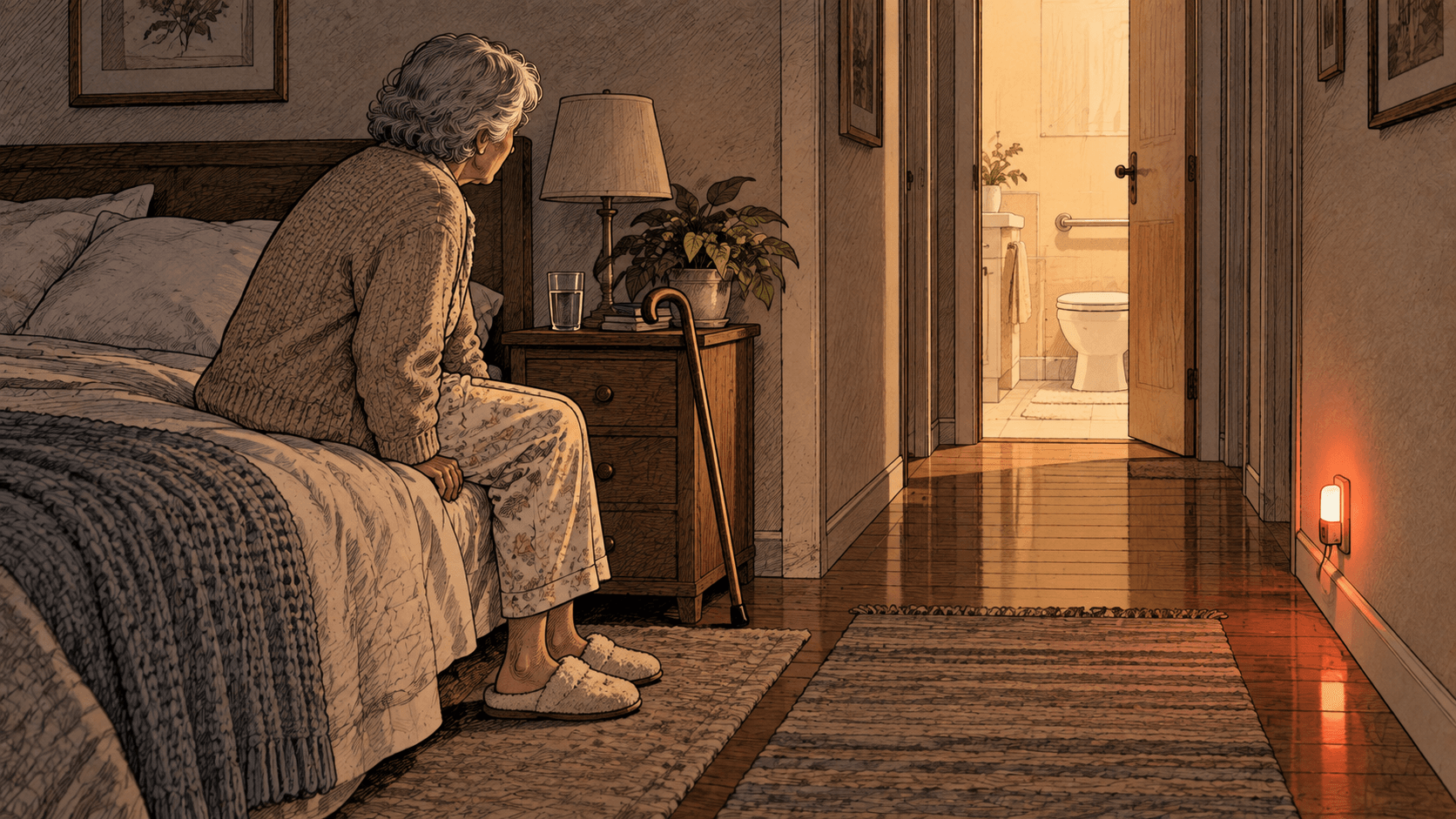 Idosa sentada na beira da cama à noite, de pantufas, com a bengala apoiada na mesa de cabeceira; à frente, um corredor livre com luz de balizamento no rodapé leva ao banheiro iluminado.
