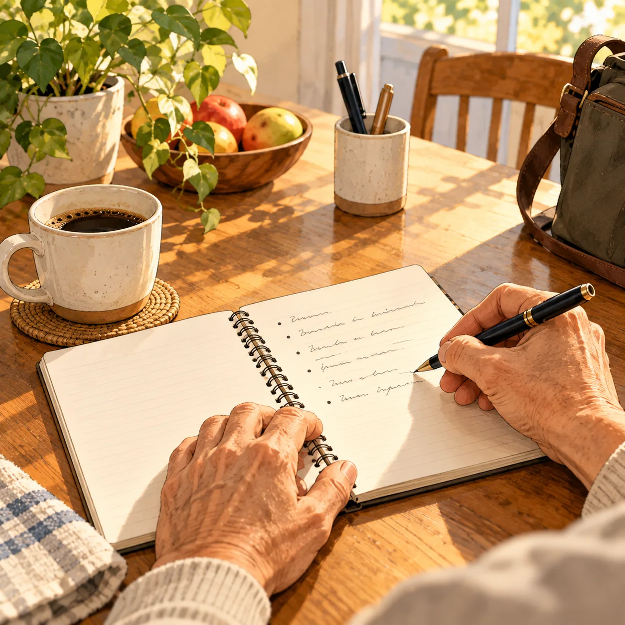 Mãos de uma pessoa idosa escrevendo anotações num caderno aberto, ao lado de uma xícara de café, numa mesa iluminada pelo sol.