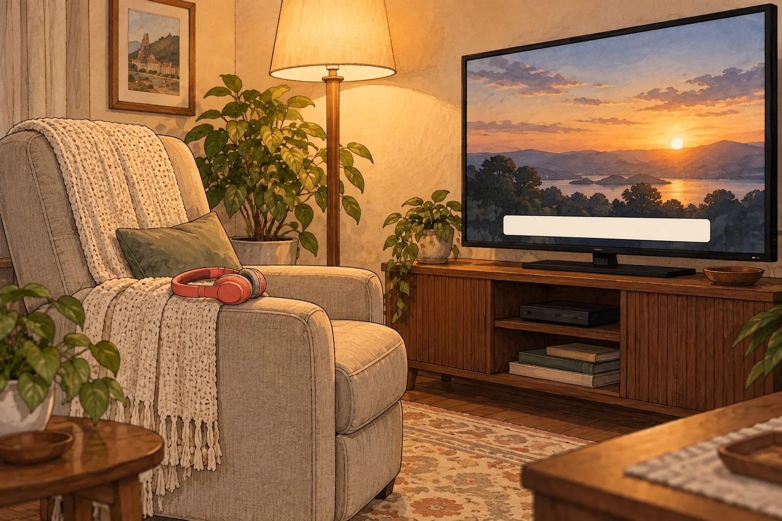 Sala de estar: poltrona com manta clara e um fone de ouvido sobre o braço, ao lado de uma luminária de pé acesa; a televisão está ligada, com uma barra de legenda na parte de baixo da tela.