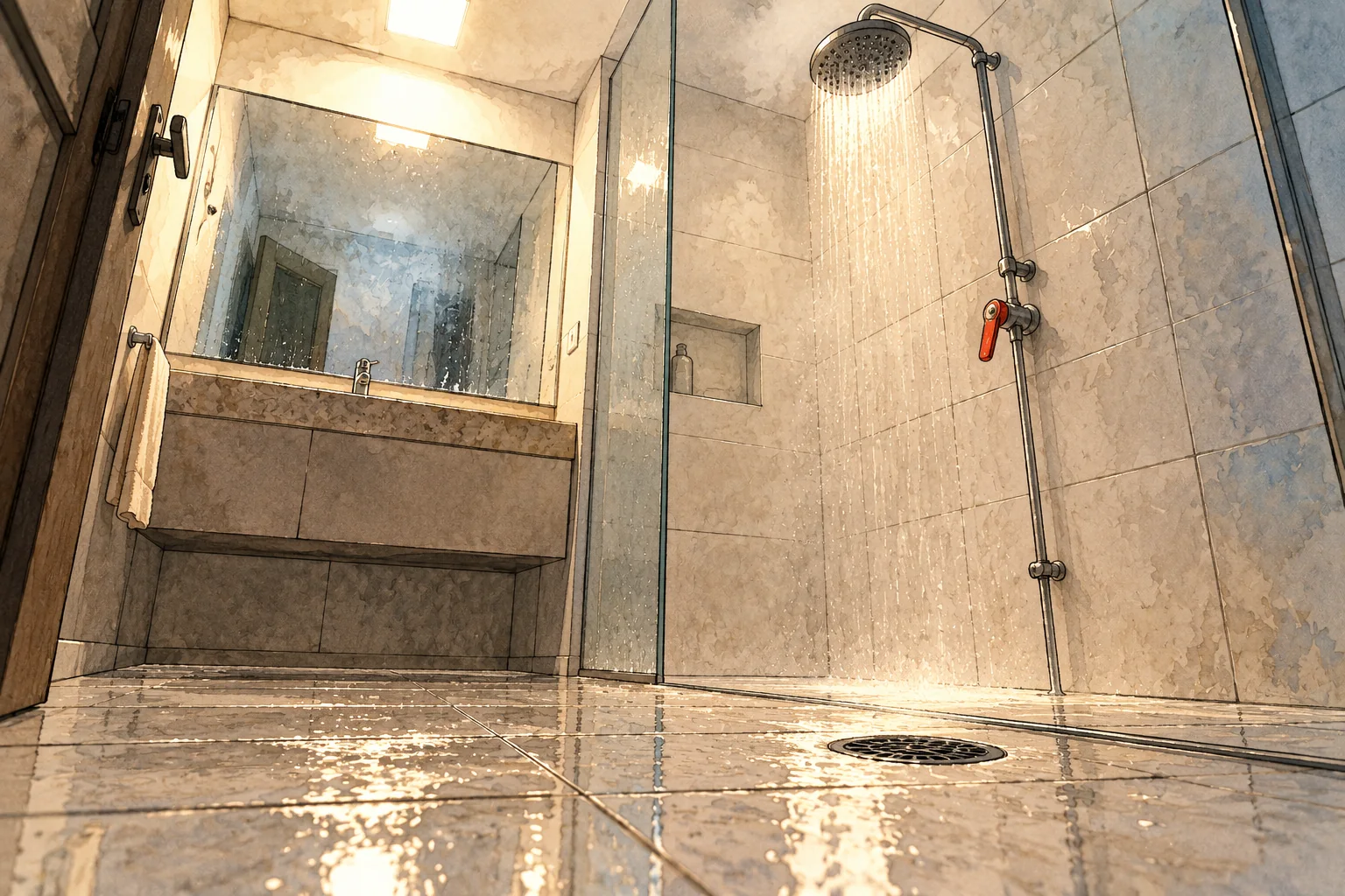 Banheiro visto de baixo, sem ninguém: chuveiro alto jorrando, luz forte de teto, espelho grande, azulejo molhado e brilhante e ralo no chão, o cenário visto pelos olhos de quem tem medo.