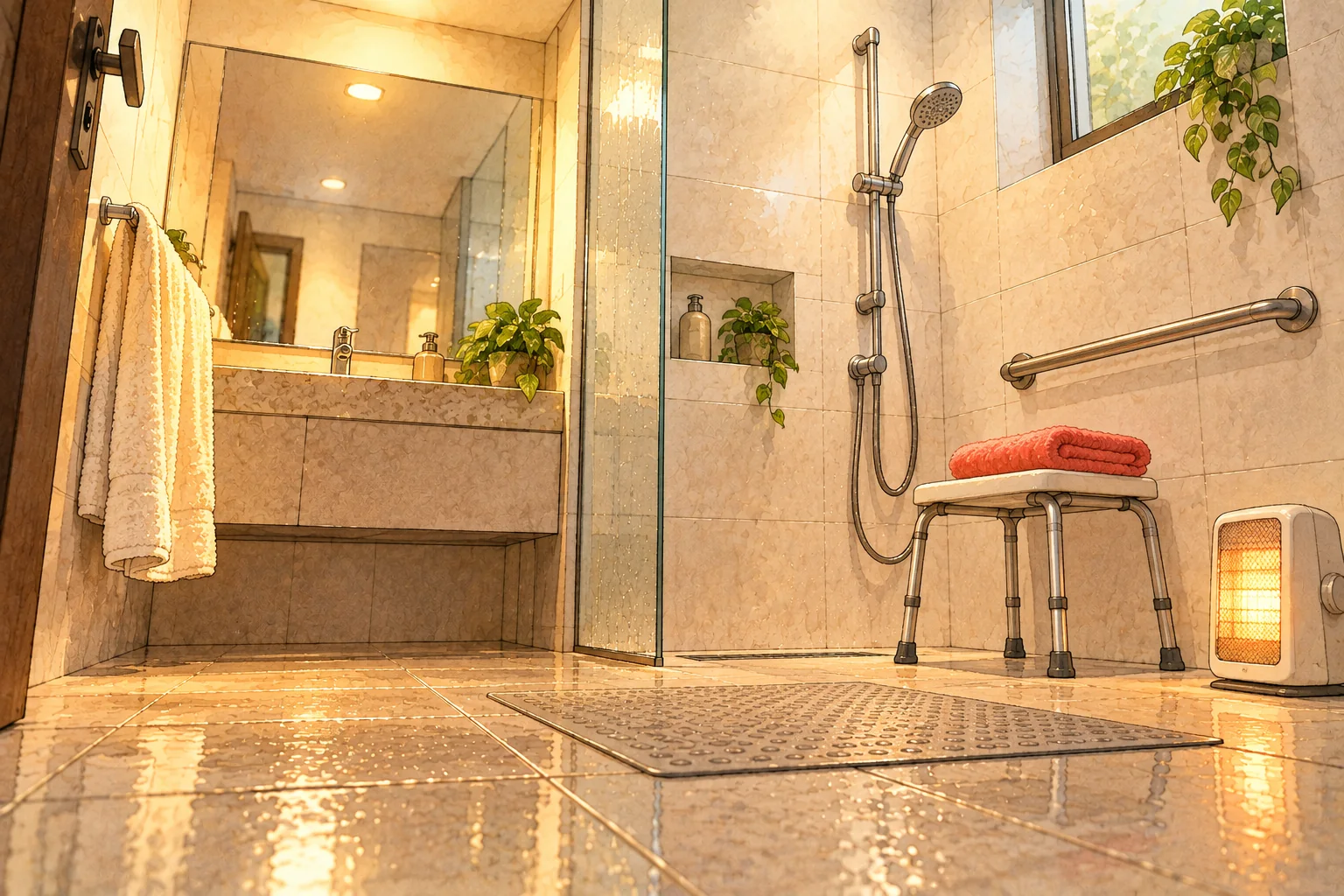 Banheiro preparado: aquecedor pequeno ligado, banco de banho com toalha coral, tapete antiderrapante, barra de apoio e chuveirinho de mão.
