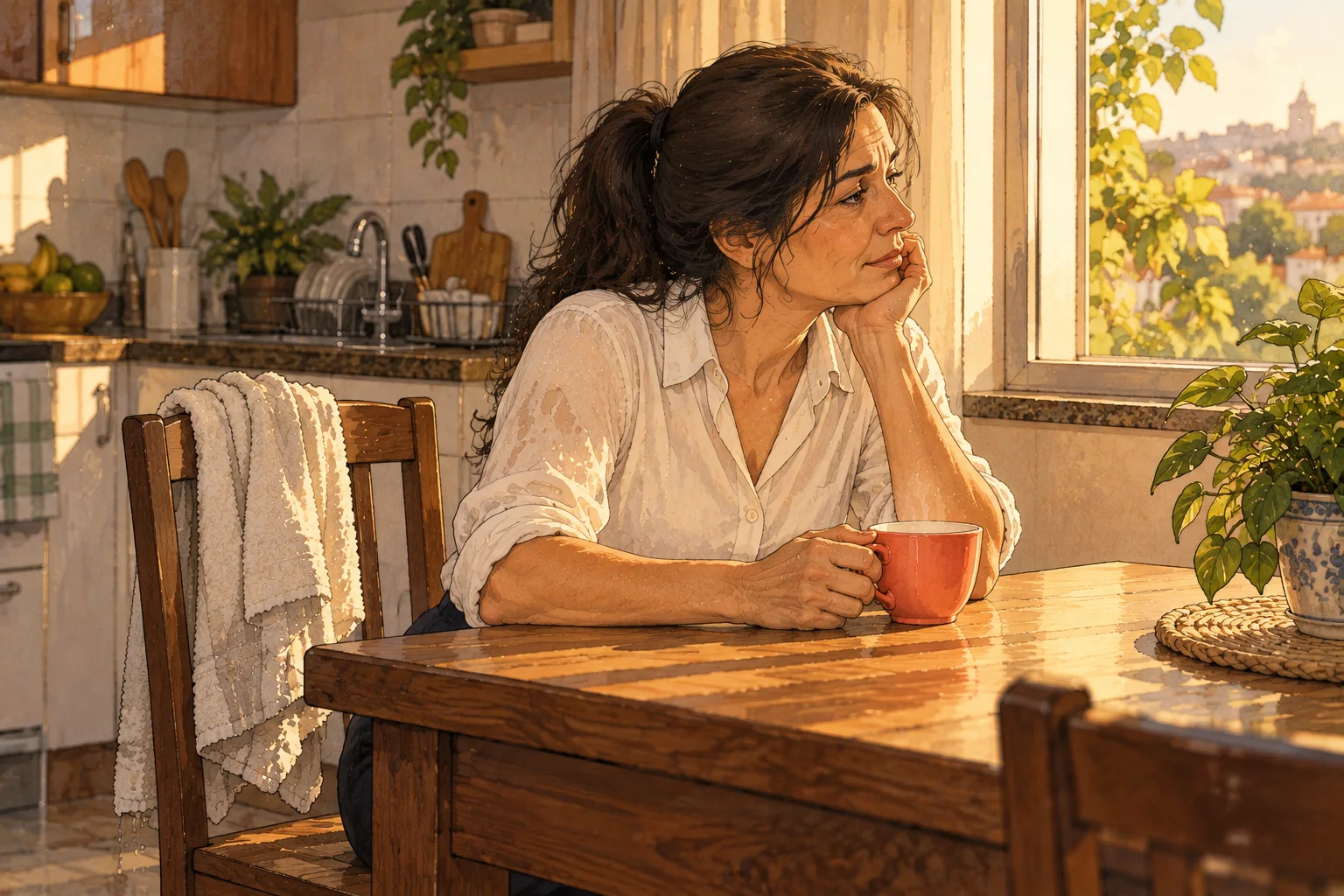 Cuidadora sentada sozinha à mesa da cozinha, de blusa molhada e mangas dobradas, segurando uma xícara coral e olhando pela janela com ar cansado; uma toalha úmida na cadeira ao lado.
