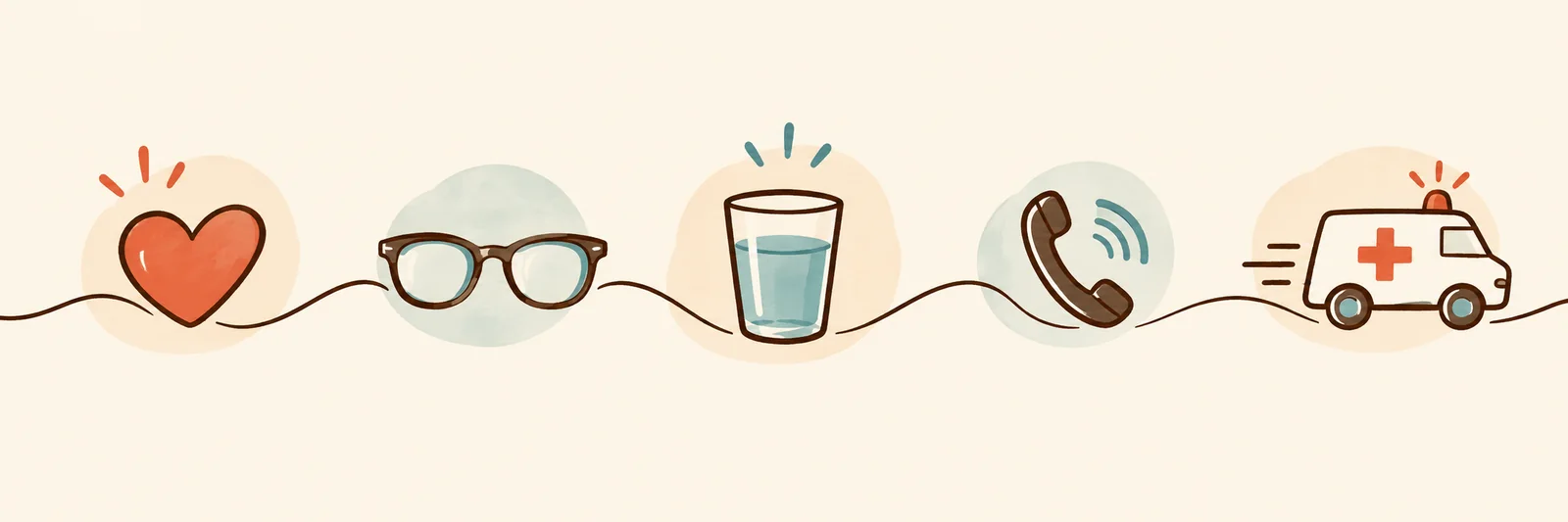 Ícones em aquarela: coração, óculos, copo d'água, telefone e ambulância.
