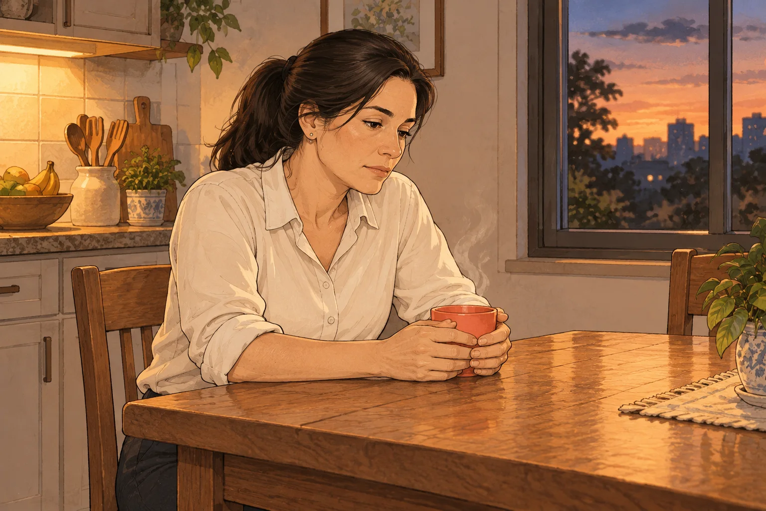 Filha sozinha à mesa da cozinha, cansada, com uma xícara de chá coral nas mãos.