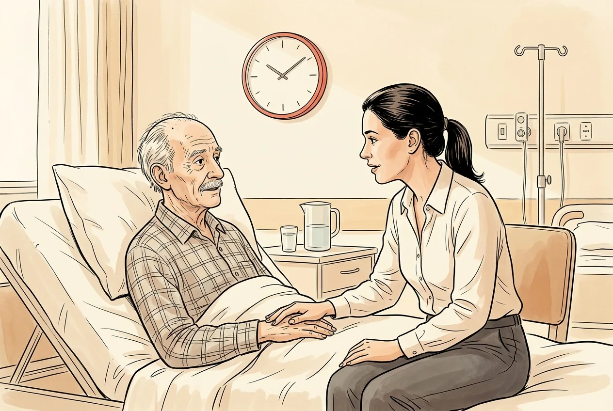Filha sentada ao lado da cama, com a mão sobre a do pai, conversando com calma; ele a olha com atenção. Cortina aberta e relógio de parede à vista.