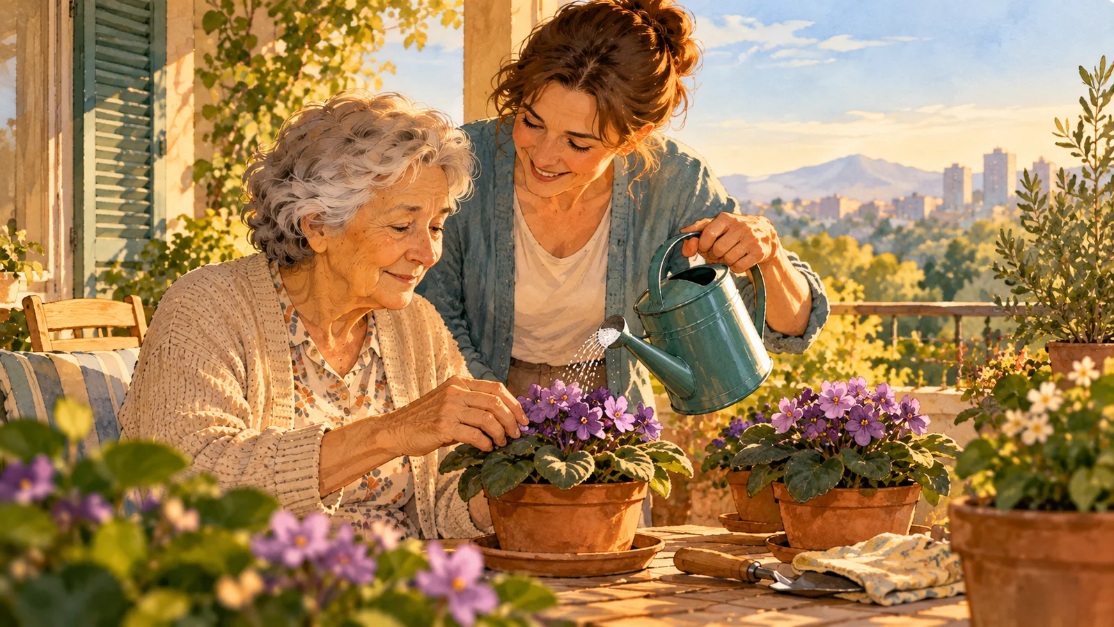 Varanda ensolarada: uma senhora e a filha cuidam de vasos de violetas, com céu aberto e luz dourada.