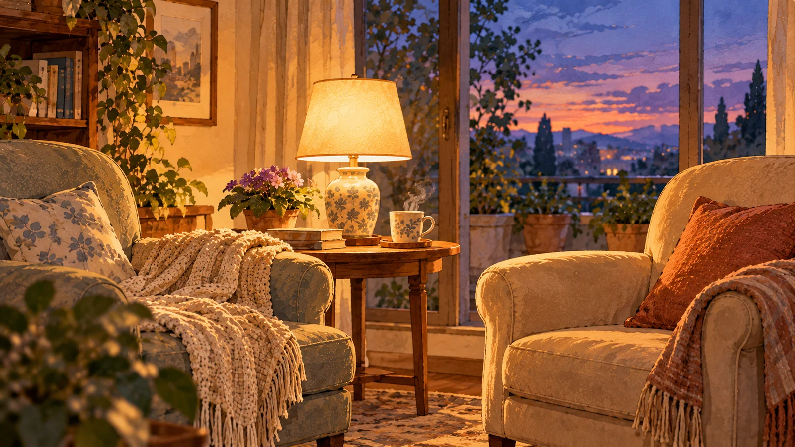 Uma sala ao entardecer com um abajur aceso, uma xícara de chá fumegante numa mesinha e duas poltronas vazias lado a lado, em frente a uma janela com céu violeta.