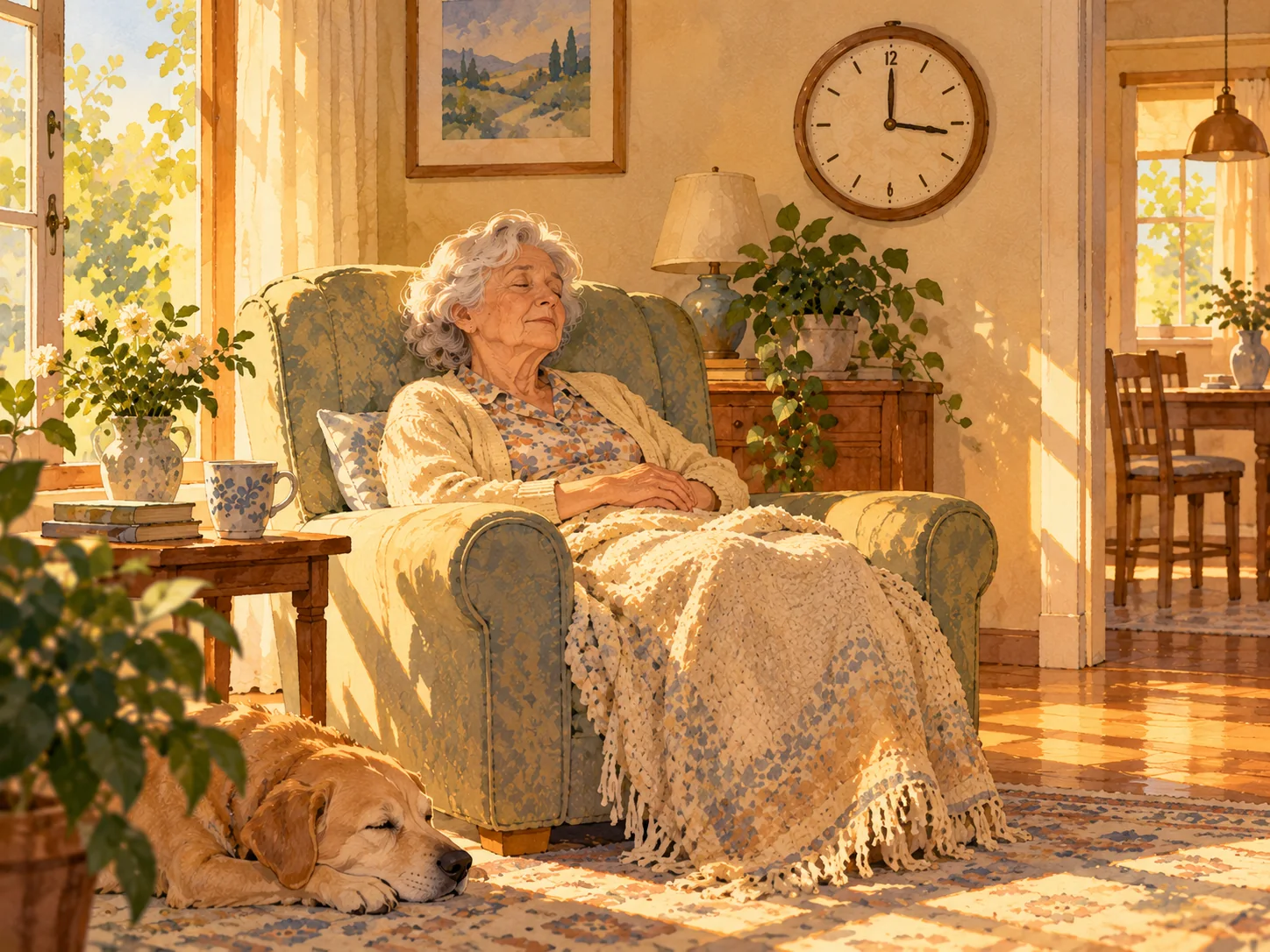 Uma senhora cochilando numa poltrona à tarde, coberta por uma manta leve, ao lado de um cão deitado; um relógio na parede marca três horas.