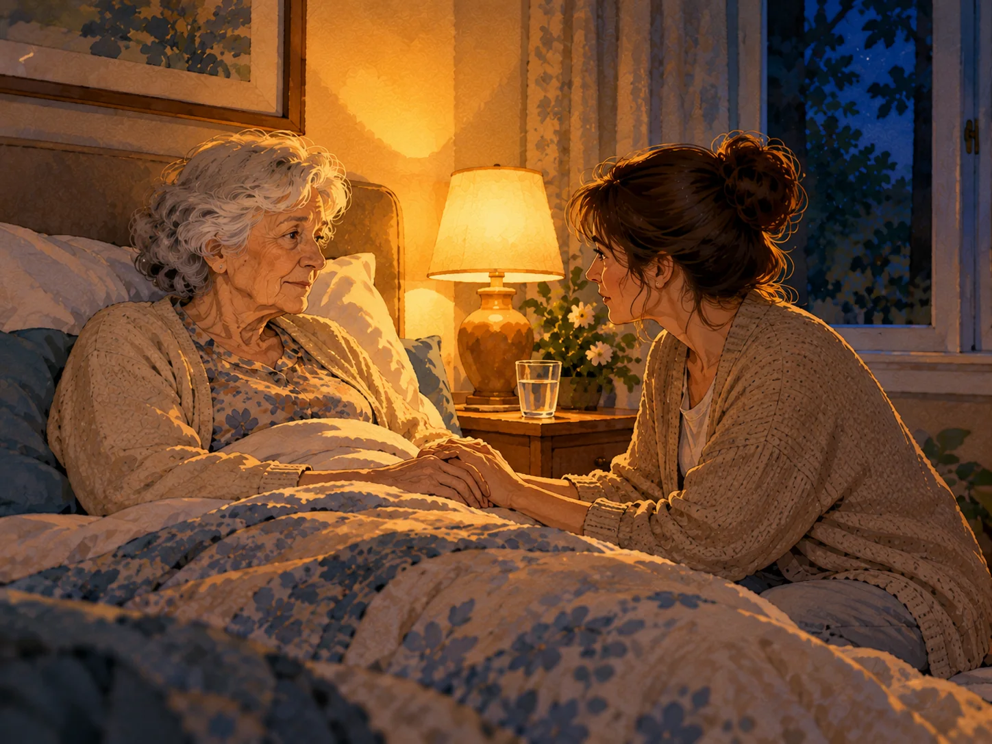A filha sentada à beira da cama, à meia-luz, com a mão sobre a mão da mãe, conversando baixinho; um abajur aceso e um copo d'água na mesa de cabeceira.