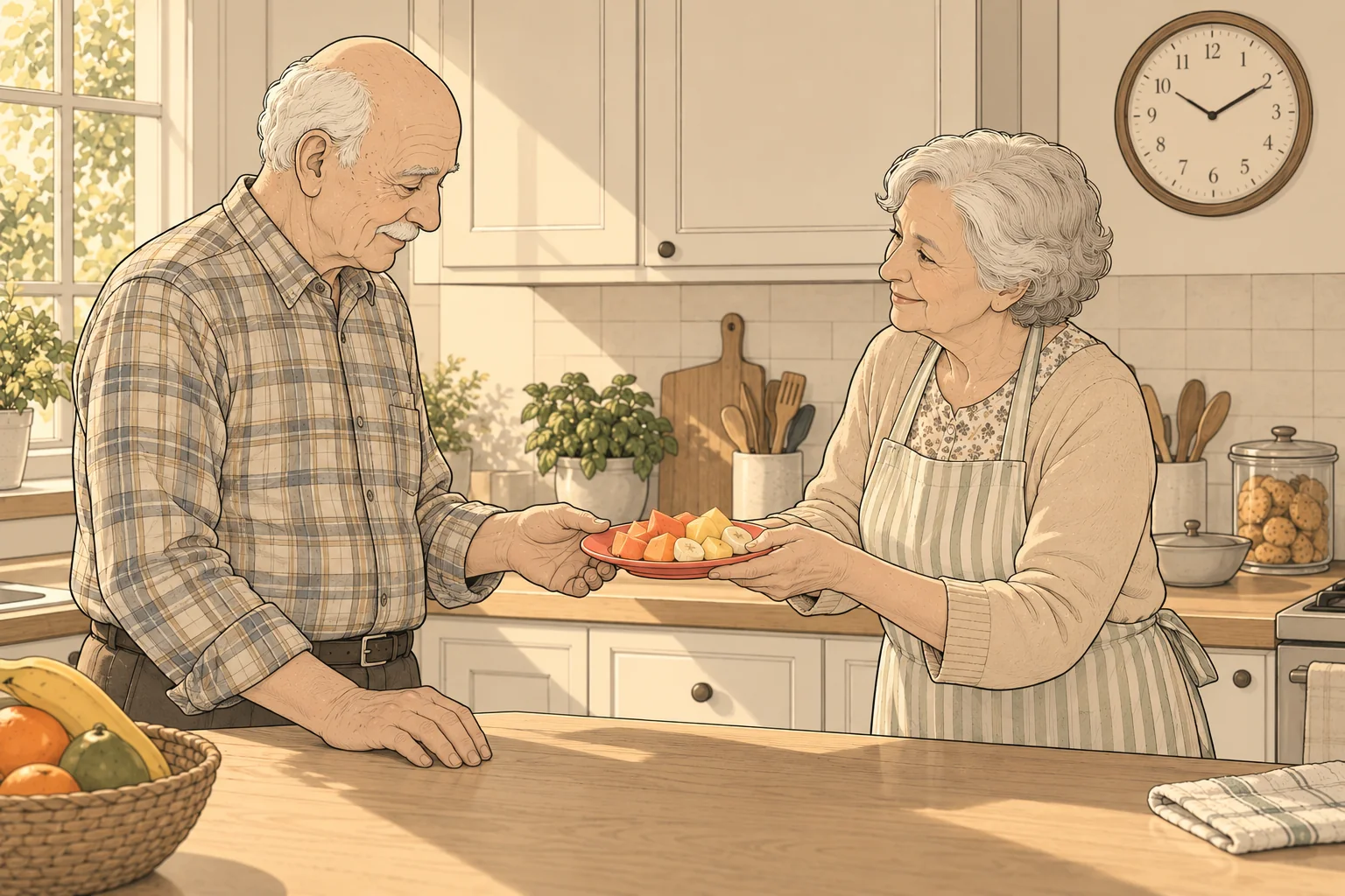 Idoso na cozinha; a esposa lhe entrega um prato de fruta cortada já montado; ao fundo, um relógio na parede.