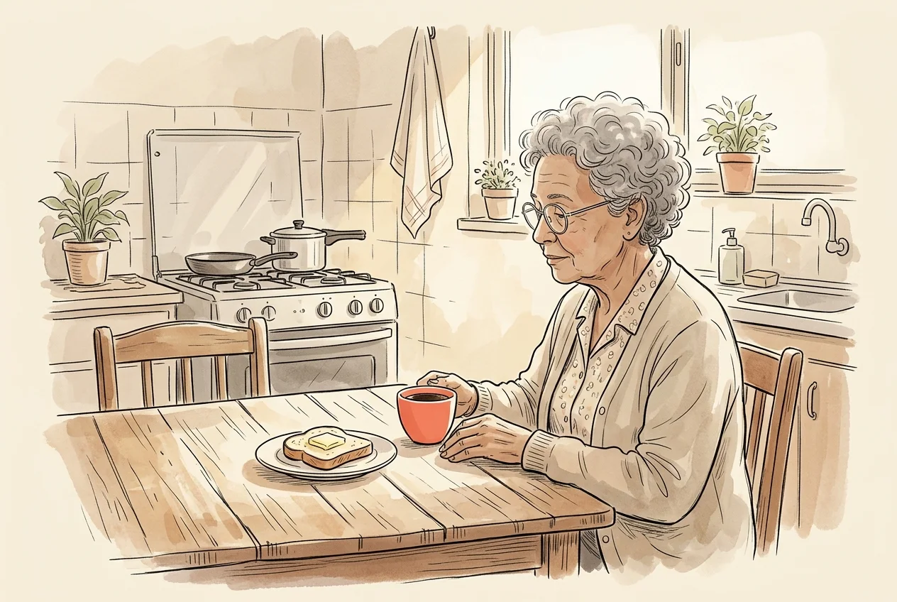 Idosa sentada à mesa da cozinha pela manhã, diante de um pão com manteiga e uma xícara de café.
