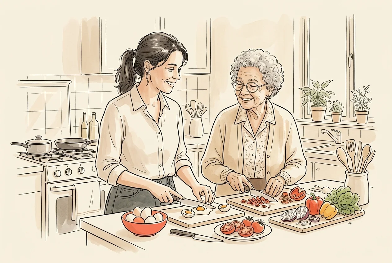 Filha e mãe lado a lado na cozinha, preparando ovos e legumes numa bancada, as duas sorrindo.